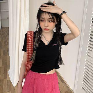 V-neck Ruffled Lettering Top