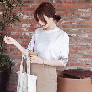 Elbow-sleeve Sequined-trim T-shirt