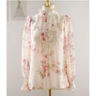 Set: Long-sleeve Floral Print Chiffon Top + Mini Fitted Skirt