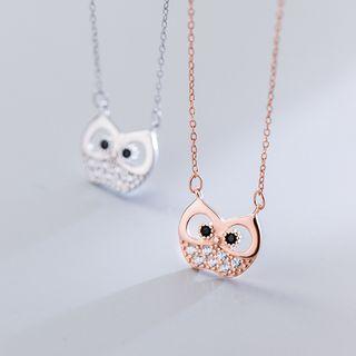 925 Sterling Silver Rhinestone Owl Pendant Necklace