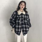 Plaid Furry Collar Buttoned Jacket Plaid - Sapphire Blue - One Size