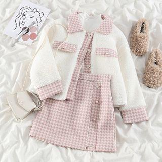 Fluffy Jacket / Houndstooth A-line Skirt