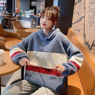 Color Block Fleece Hoodie Grayish Blue - One Size