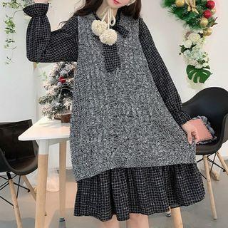Knit Vest / Plaid Long-sleeve A-line Dress