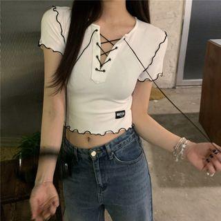 Short-sleeve Drawstring Applique Frill Trim Cropped Top