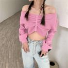 Off-shoulder Button-up Knit Crop Top Pink - One Size