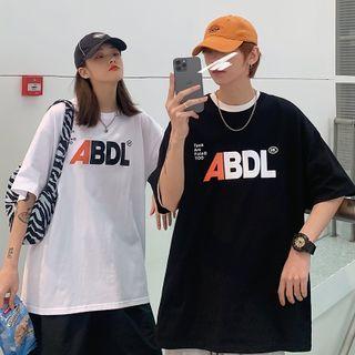 Couple Matching Elbow Sleeve Lettering Print T-shirt