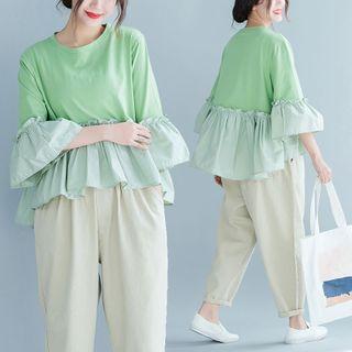 Elbow-sleeve Ruffled Peplum Blouse Light Green - One Size
