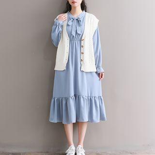Bow-accent Long-sleeve Midi A-line Dress / Twist-knit Buttoned Vest / Set