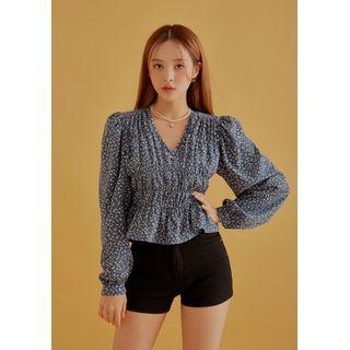 Smocked Floral Peplum Blouse Blue - One Size