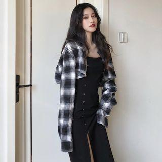 Cropped Gingham Shirt Plaid - Black & White - One Size