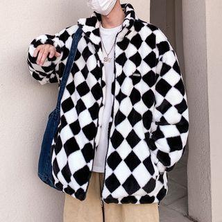 Argyle Zip Faux Shearling Jacket