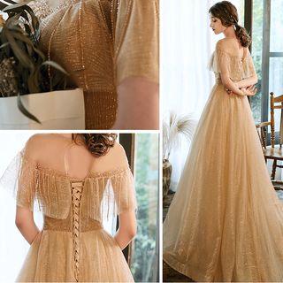 Ruffled Short-sleeve Rhinestone A-line Evening Gown