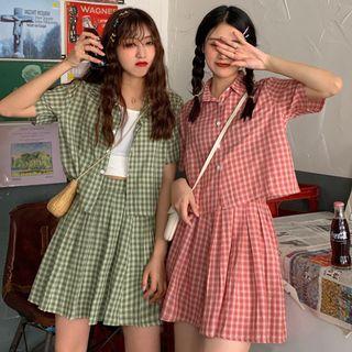 Set: Short-sleeve Plaid Shirt + Skirt