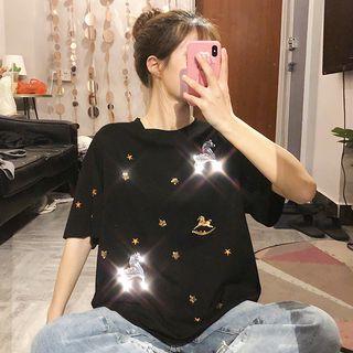 Elbow-sleeve Embroidered Sequined T-shirt
