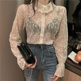 Plain Mock-neck Lace Long-sleeve Mesh Top Lace - One Size