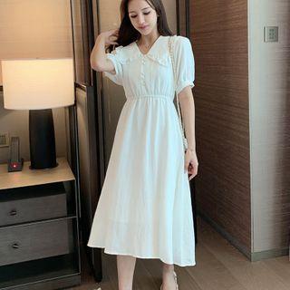 Ruffle Trim Collar Short-sleeve Midi A-line Dress