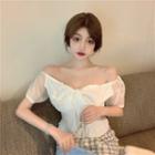 Bow Puff-sleeve Cropped Blouse / Houndstooth Mini Pencil Skirt