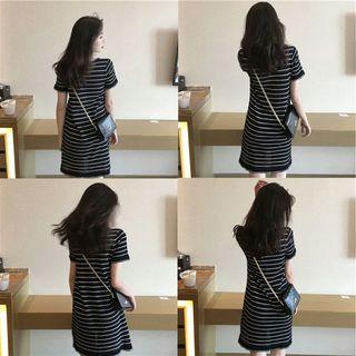 Short-sleeve Perforated Striped A-line Dress