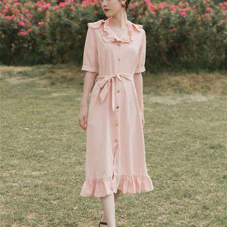 Ruffled Elbow-sleeve Midi A-line Dress