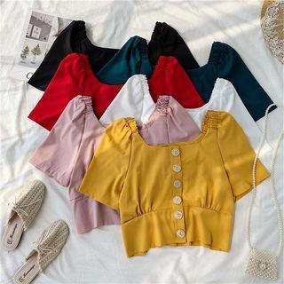 Buttoned Short-sleeve Square-neck Blouse