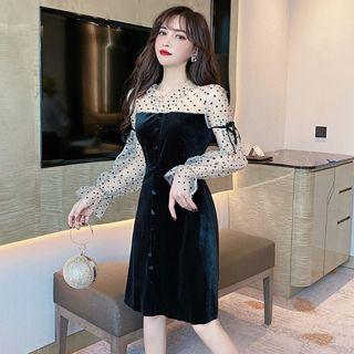 Dotted Chiffon-sleeve Velvet A-line Dress