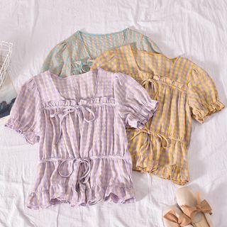 Short-sleeve Drawstring Check Frill Trim Top