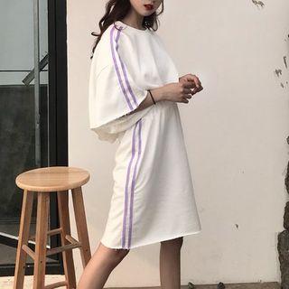 Set: Contrast Trim Elbow Sleeve T-shirt + Midi Skirt
