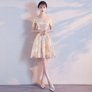 V-neck Short-sleeve A-line Cocktail Dress