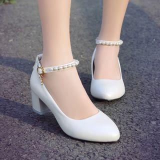 Faux Pearl Block Heel Faux Leather Pumps