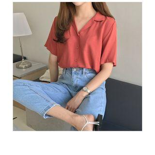 Notched-collar Colored Linen Blend Shirt