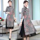 Traditional Chinese 3/4-sleeve Chiffon Paneled A-line Dress