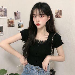 Short-sleeve Mesh Trim Knit Top