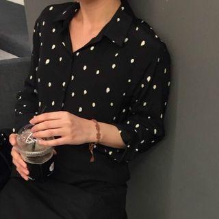 Dotted Split-neck Long-sleeve Blouse
