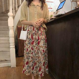 Short Sleeve Faux Pearl Button Cardigan / Floral Print Ruched Chiffon Midi Skirt