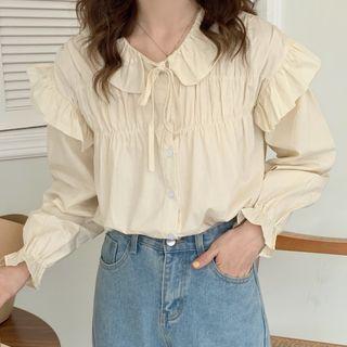 Long-sleeve Drawstring Ruffled Trim Shirred Blouse Almond - One Size
