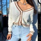Long Sleeve V-neck Contrast-trim Cable-knit Crop Cardigan
