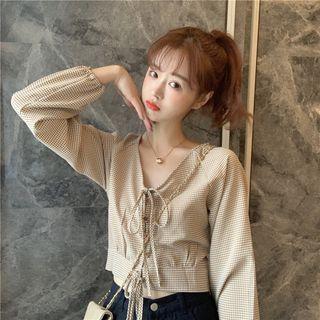 Check Lace-up Long-sleeve Blouse Khaki - One Size