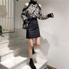 Leopard Pattern Turtleneck Cold-shoulder Sweater / A-line Mini Skirt