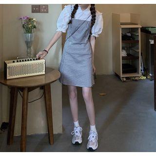Balloon-sleeve Shirt / Gingham Pinafore Dress