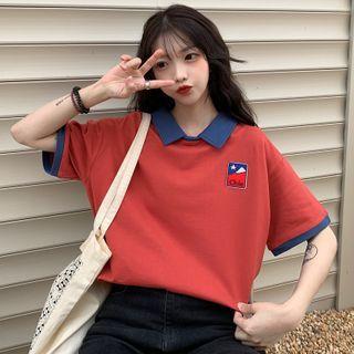 Mock Two-piece Elbow-sleeve Embroidered Collared T-shirt