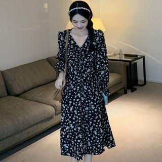 Flared-cuff V-neck Floral Drawstring Midi Dress