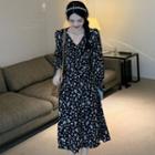 Flared-cuff V-neck Floral Drawstring Midi Dress