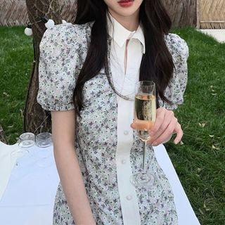 Short-sleeve Floral Print Mini A-line Shirtdress