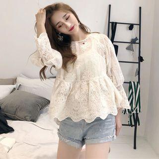 3/4-sleeve Lace Blouse Off-white - One Size