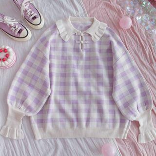 Lantern-sleeve Polo-neck Gingham Sweater Plaid - Purple & White - One Size