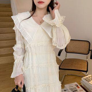 Long-sleeve Wide Collar Chiffon Midi A-line Dress White - One Size