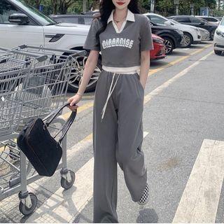 Short-sleeve Lettering Collared Top / Pants