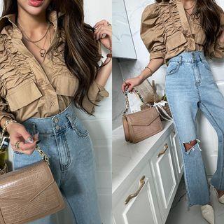 Mutton-sleeve Shirred Blouse