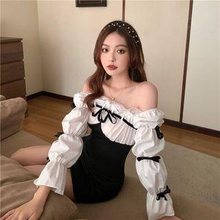 Long-sleeve Bow Off-shoulder Mini Dress Black - One Size